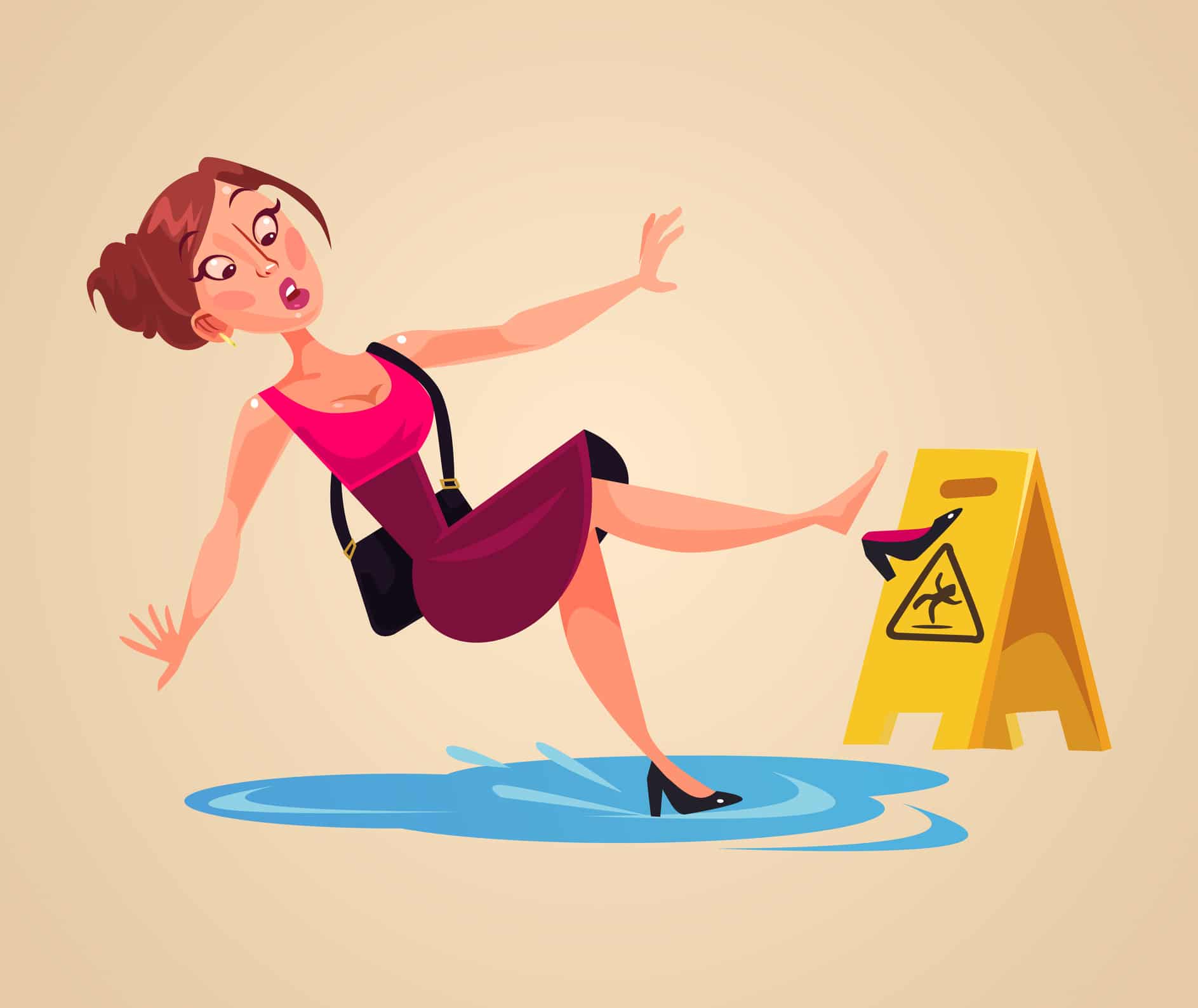Inconsiderate woman character slips on wet floor. Vector flat cartoon illustration